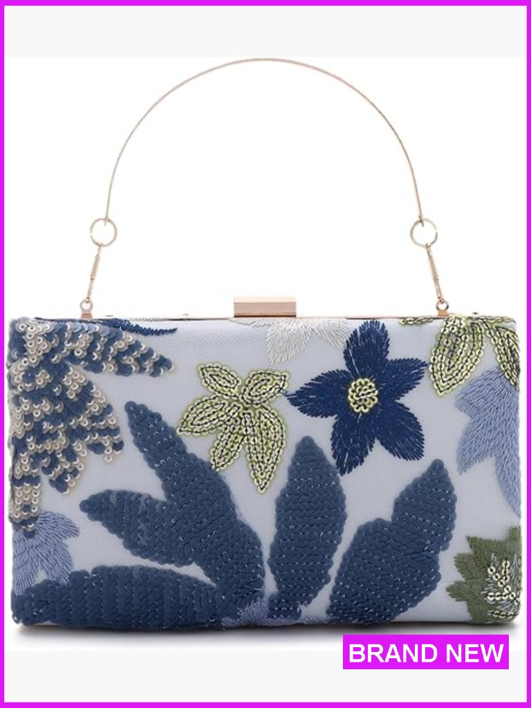 Embroidered Sequin Clutch Evening Bag With Chain Detachable Handle Formal